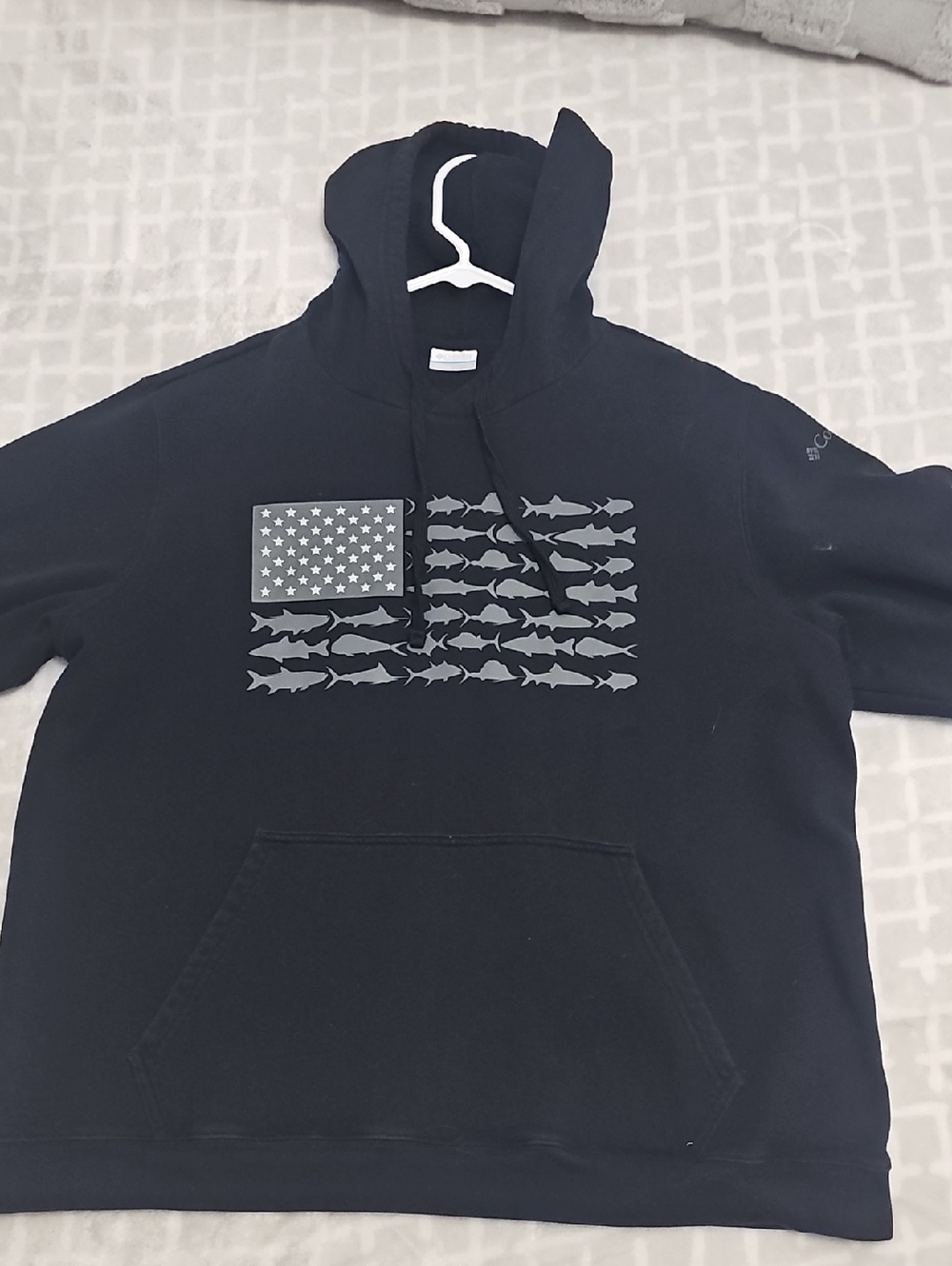Black Hoodie with Silver Fish Flag Graphic